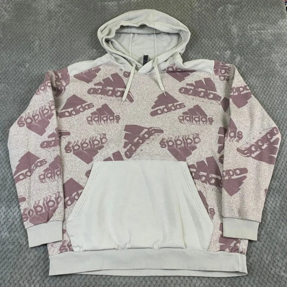 Adidas Mens XL Essentials Allover Print Hoodie Gray Burgundy HK0366 Pullover